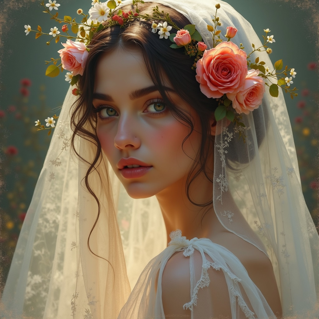 Profile of a serene bride in a floral crown
