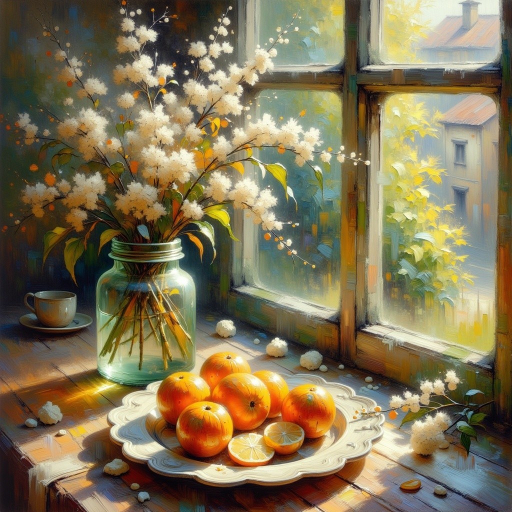 Rustic Table Setting with Flowers and Oranges in Light