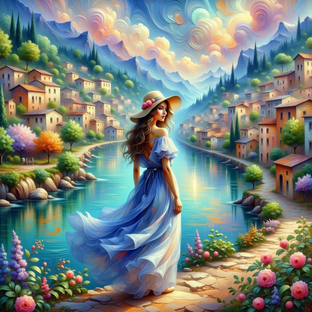 Young woman in blue dress at serene riverbank scene