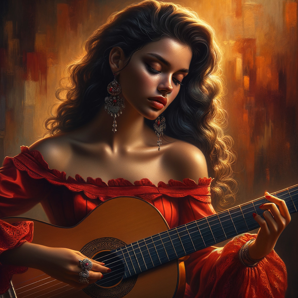 Young woman with curly hair plays classical guitar