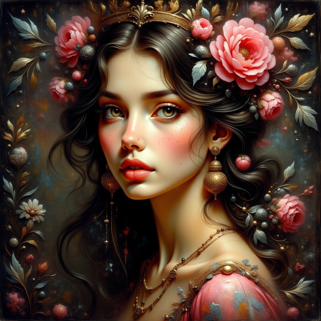 Portrait of a Young Woman with Floral Crown and Roses