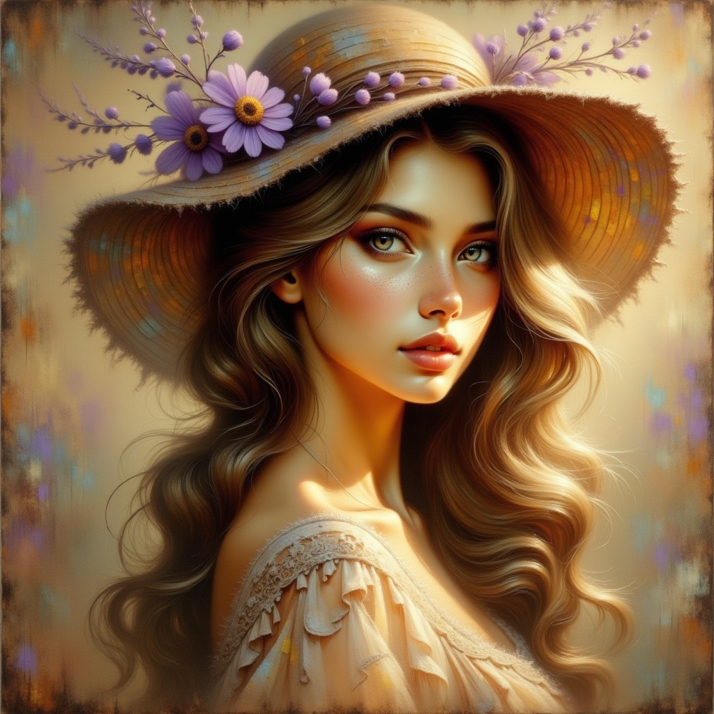 Young woman in straw hat with warm, glowing backdrop