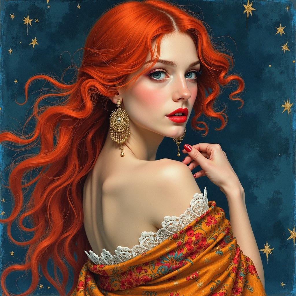 Elegant Woman with Red Hair Against Starry Background