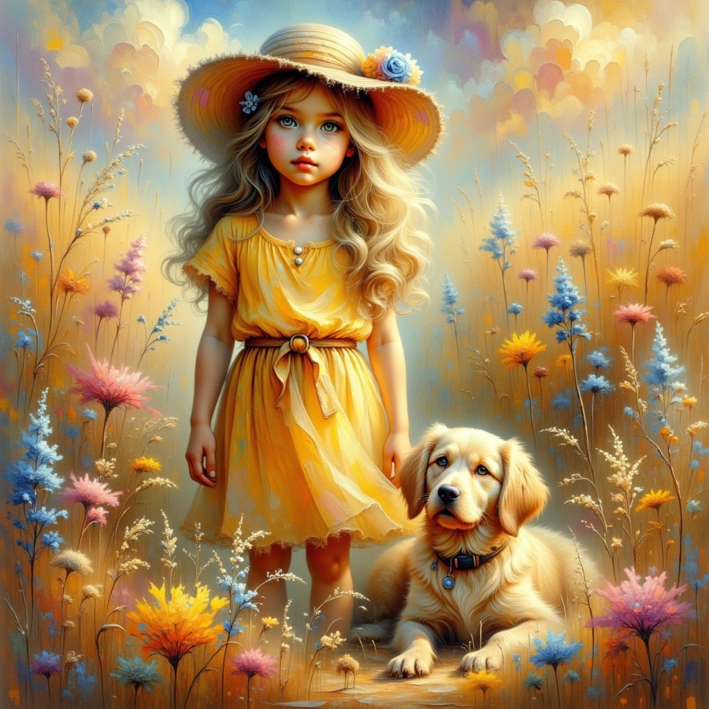 Young girl in yellow dress in flower-filled field