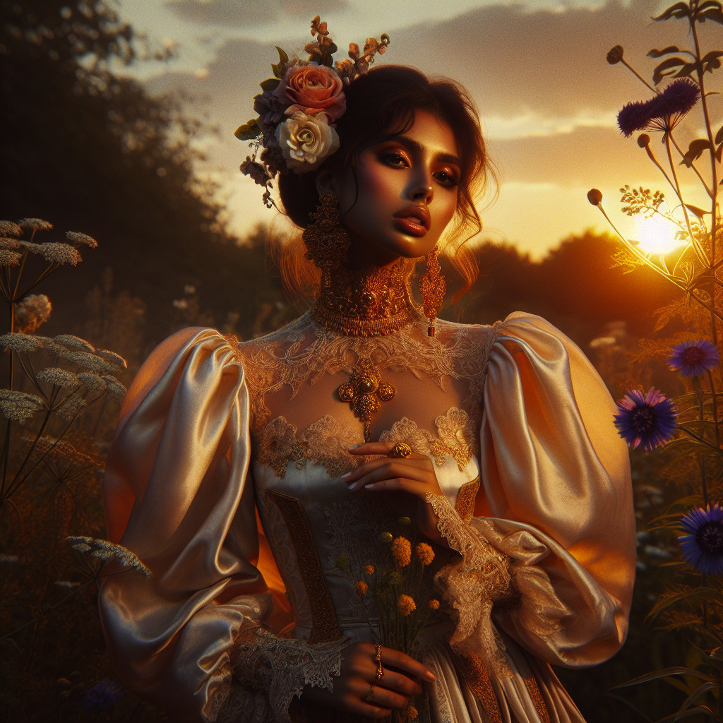 Young Woman in Vintage Dress in Sunset Field