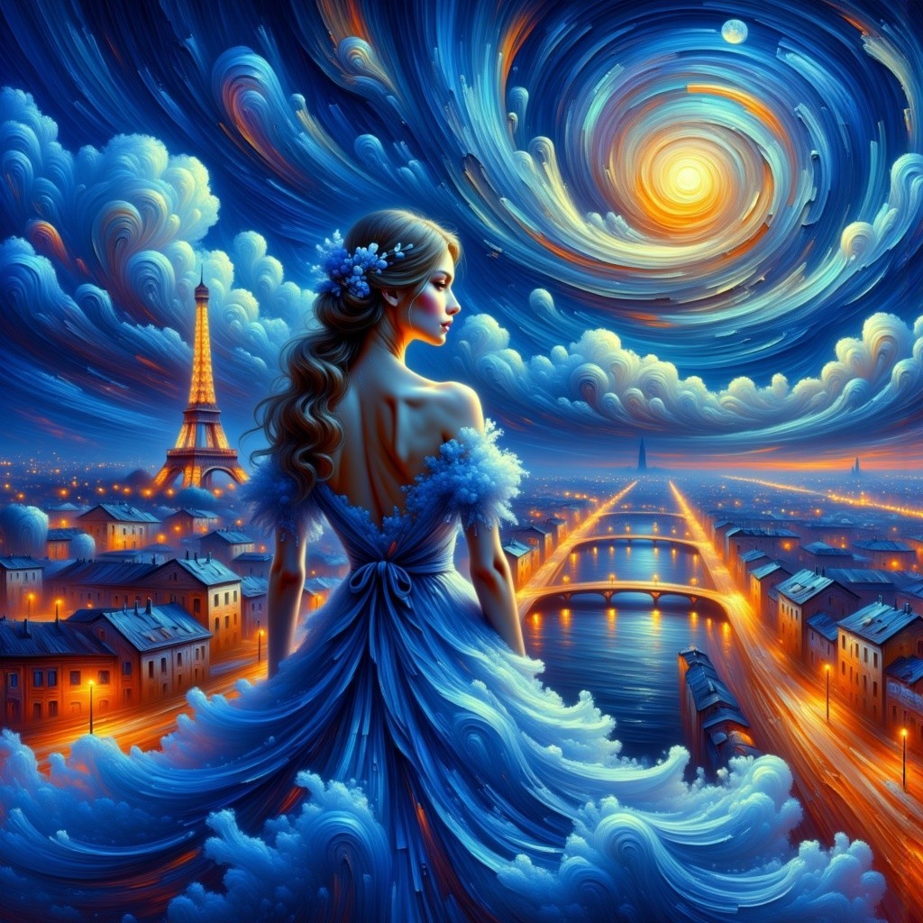 Figure in Blue Gown Overlooking Paris Night Sky