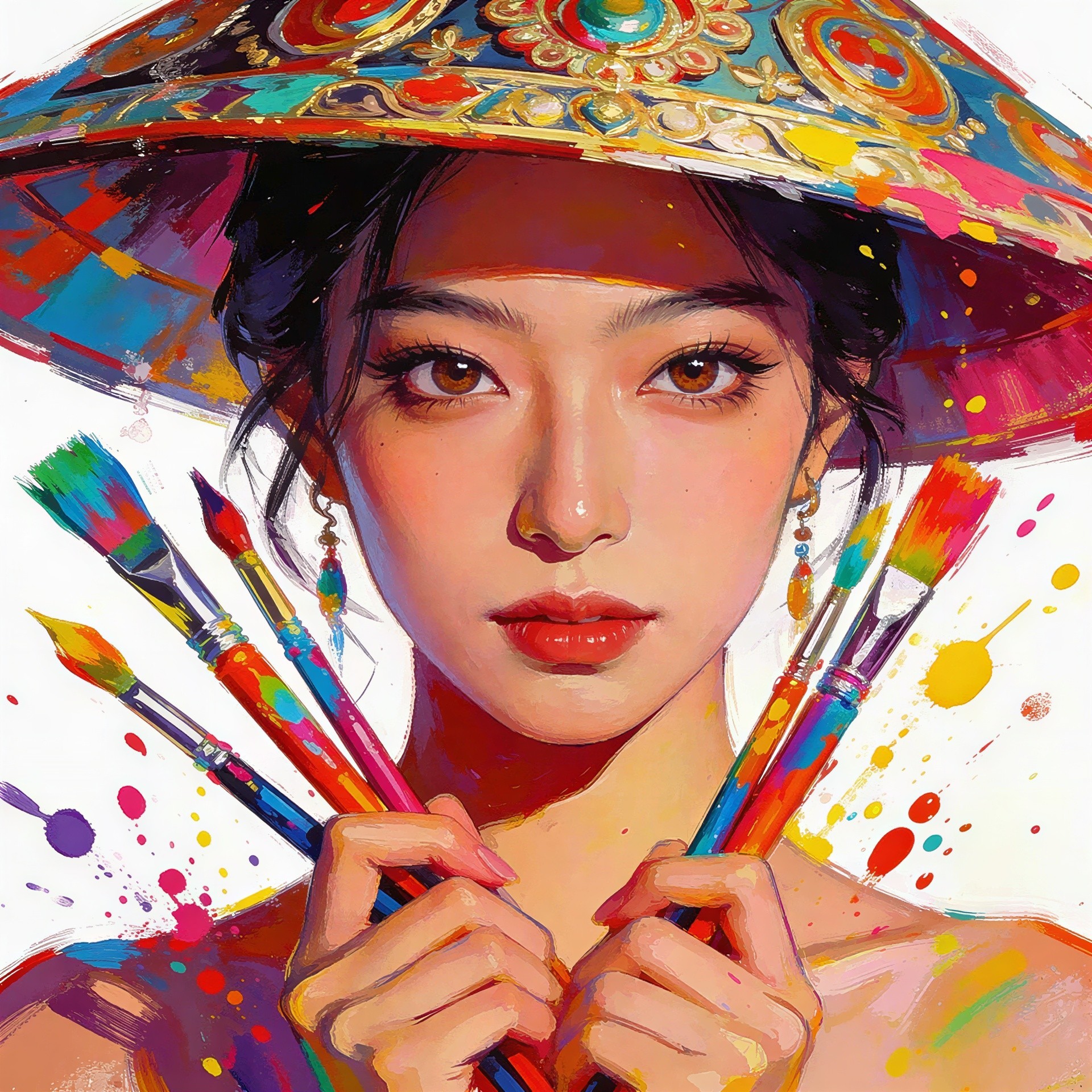 Portrait of a woman with olive skin and colorful hat