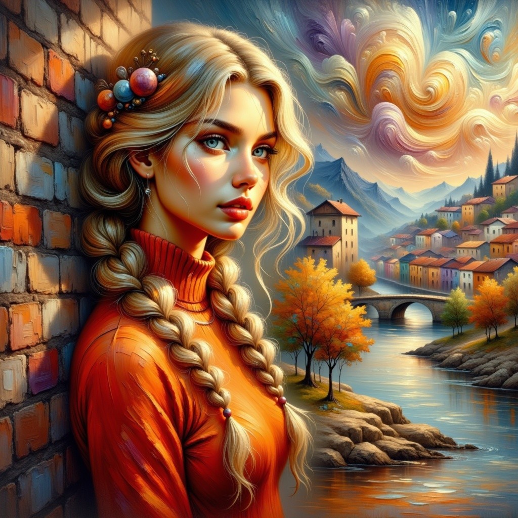 Young Woman in Scenic Autumn Landscape with River
