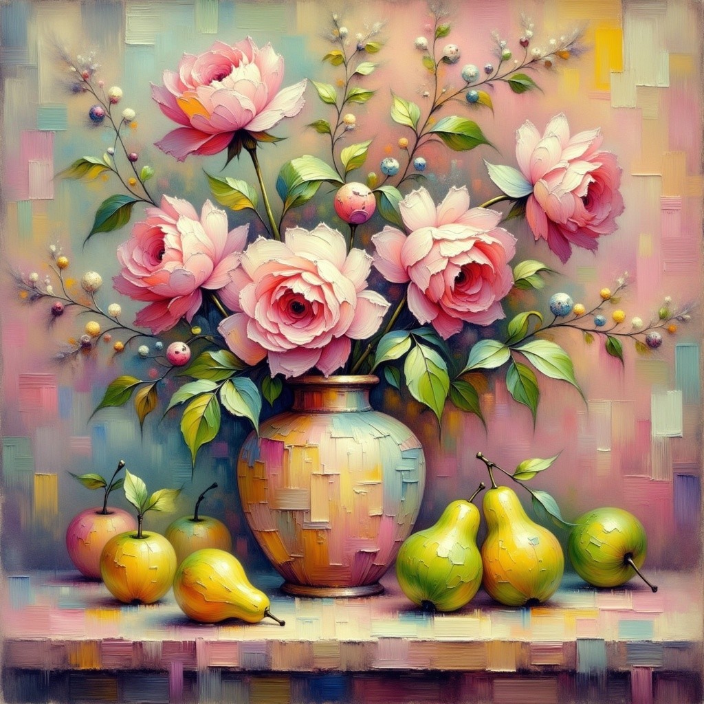 Still Life with Pink Roses and Colorful Pears