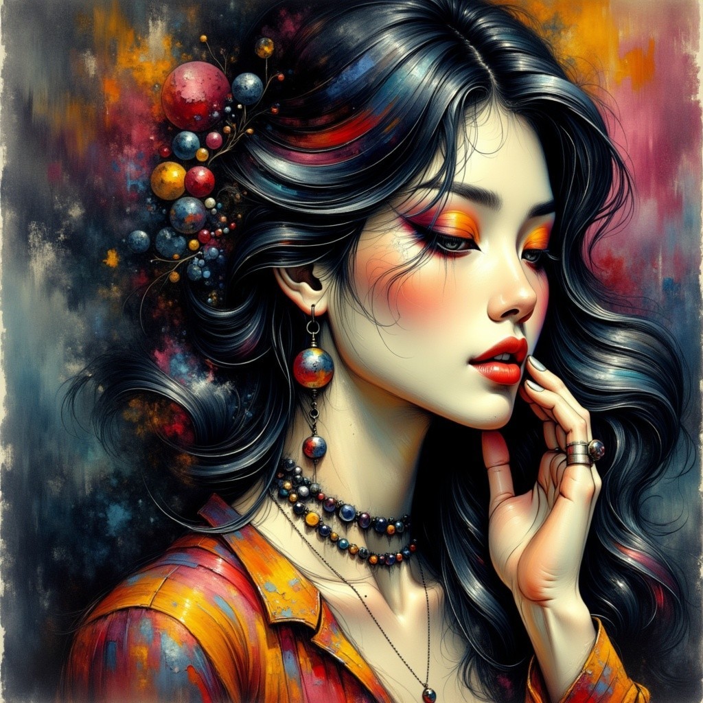 Cosmic-Themed Portrait of a Young Woman with Jewelry