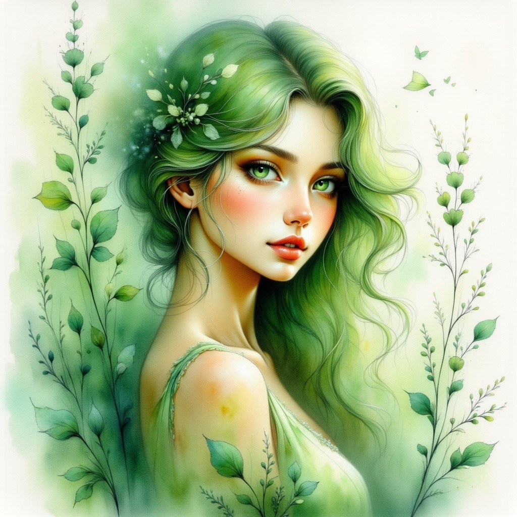 Portrait of a woman with green hair and foliage elements