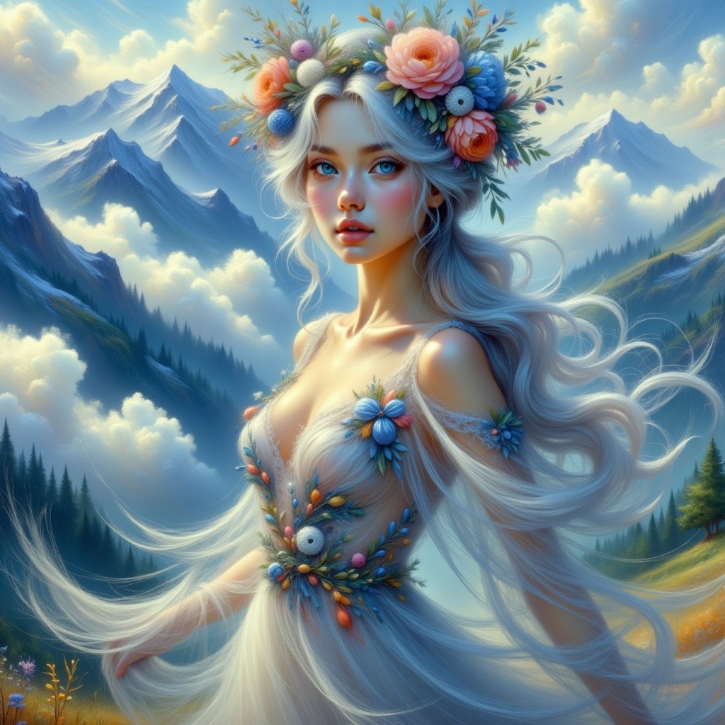 Ethereal Young Woman in Floral Gown and Mountains