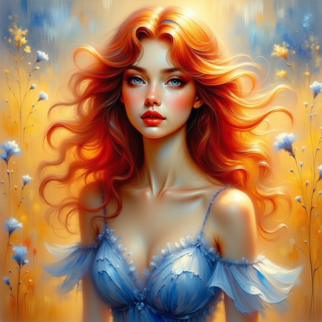 Young Woman with Orange-Red Hair in Blue Dress