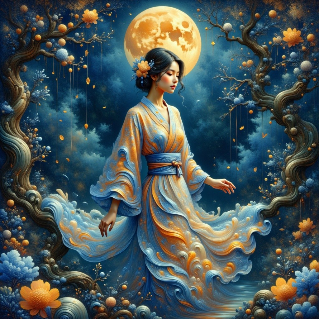 Moonlit Scene of a Woman in a Kimono in Nature