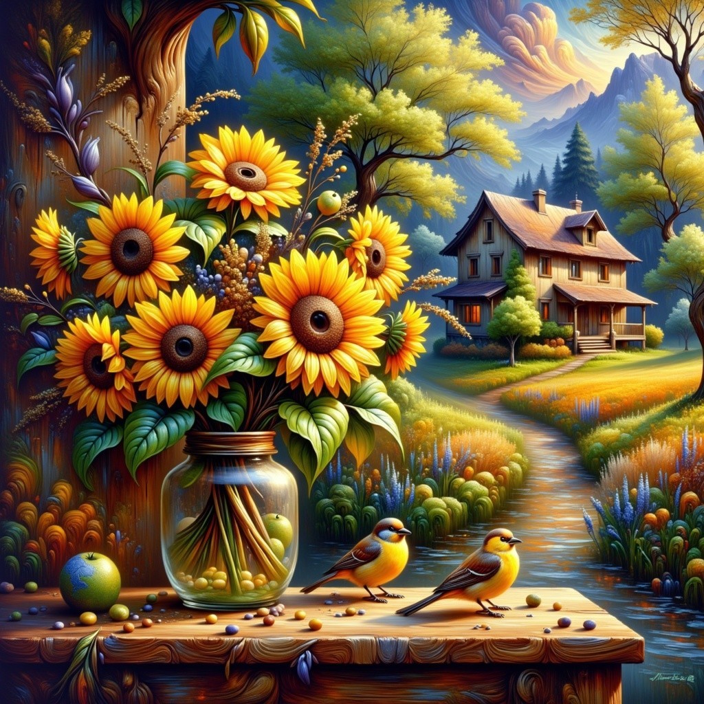Sunflowers in a Jar on a Wooden Table with Landscape