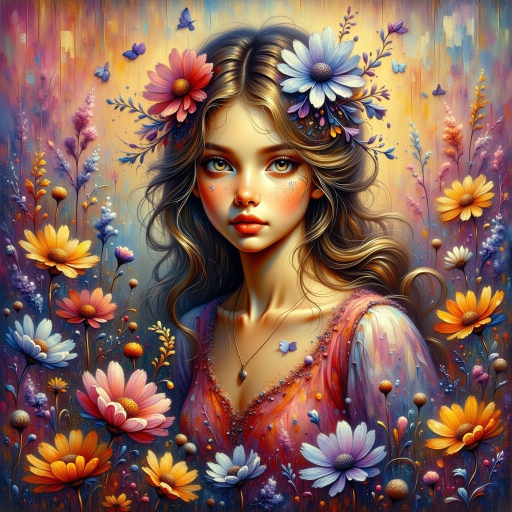 Young girl with flowers in a whimsical setting
