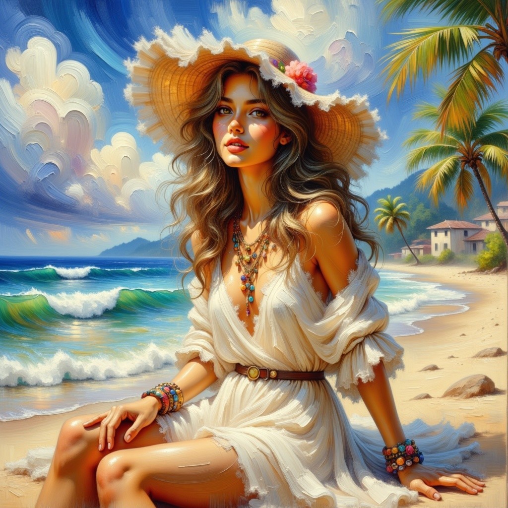 Young Woman in White Dress on Tropical Beach