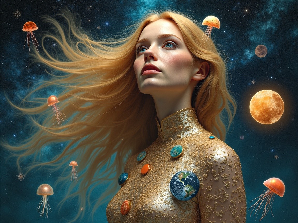 Serene Woman in Golden Outfit Surrounded by Cosmos