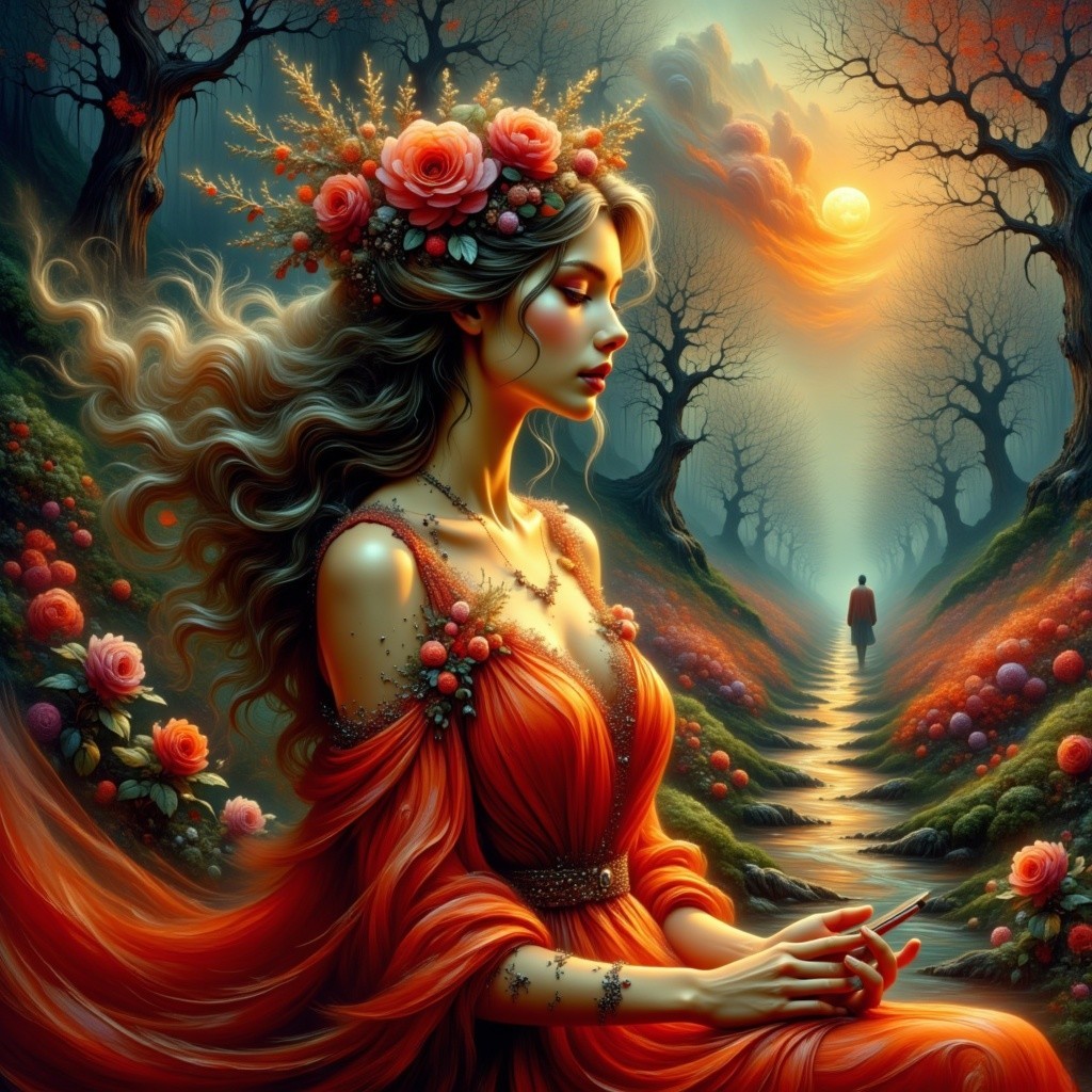 Serene Woman in Red Gown by Tranquil Stream at Sunset