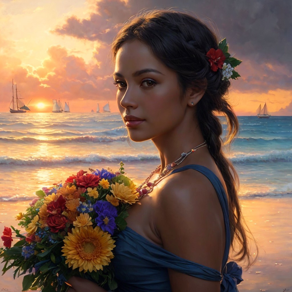 Young woman by beach at sunset with flowers and boats