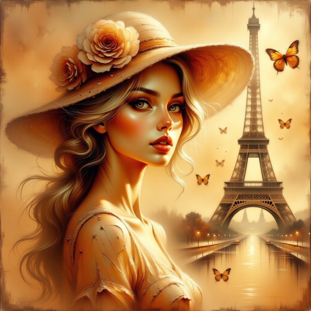 Young Woman with Hat and Eiffel Tower Background