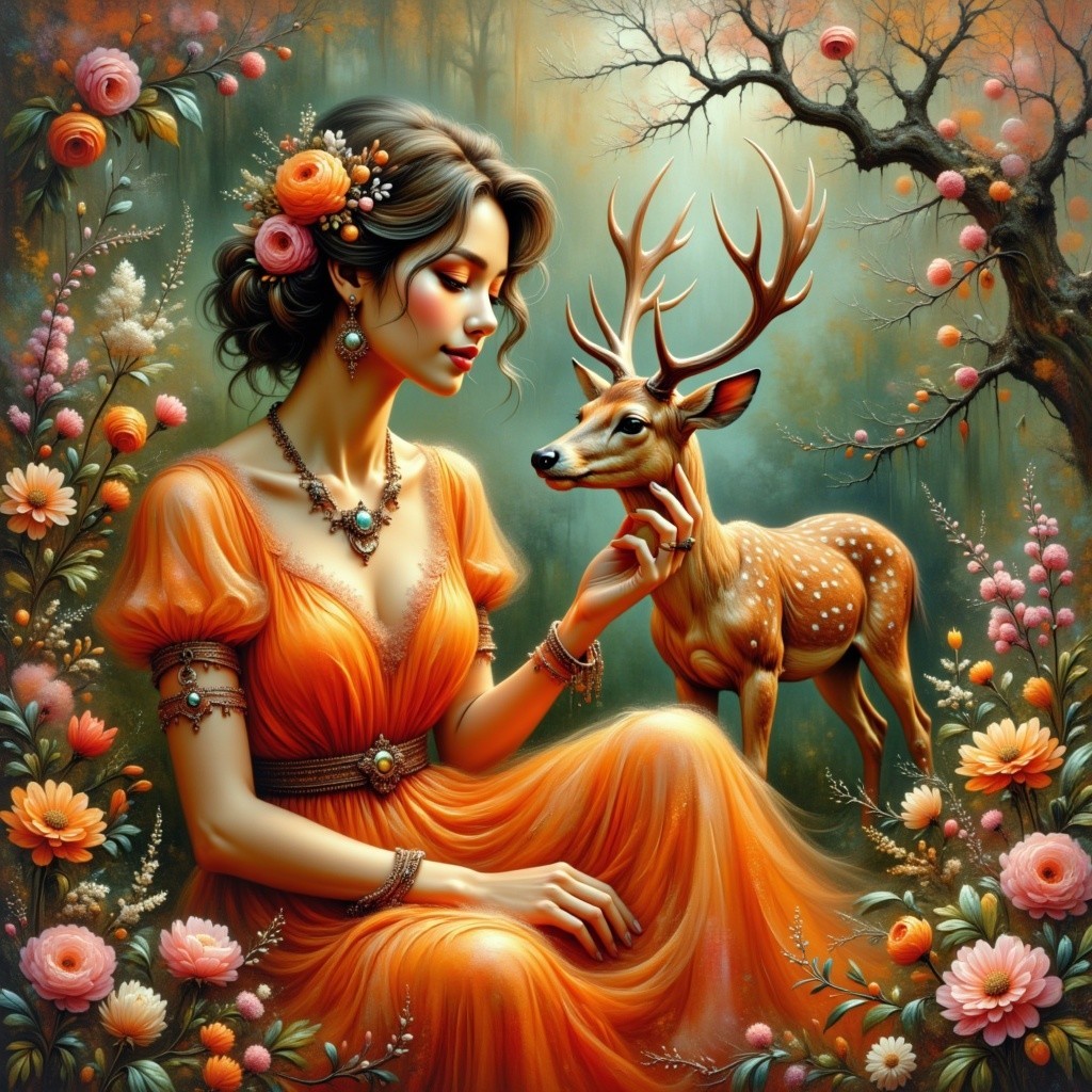 Woman in Orange Gown with Deer in Floral Setting