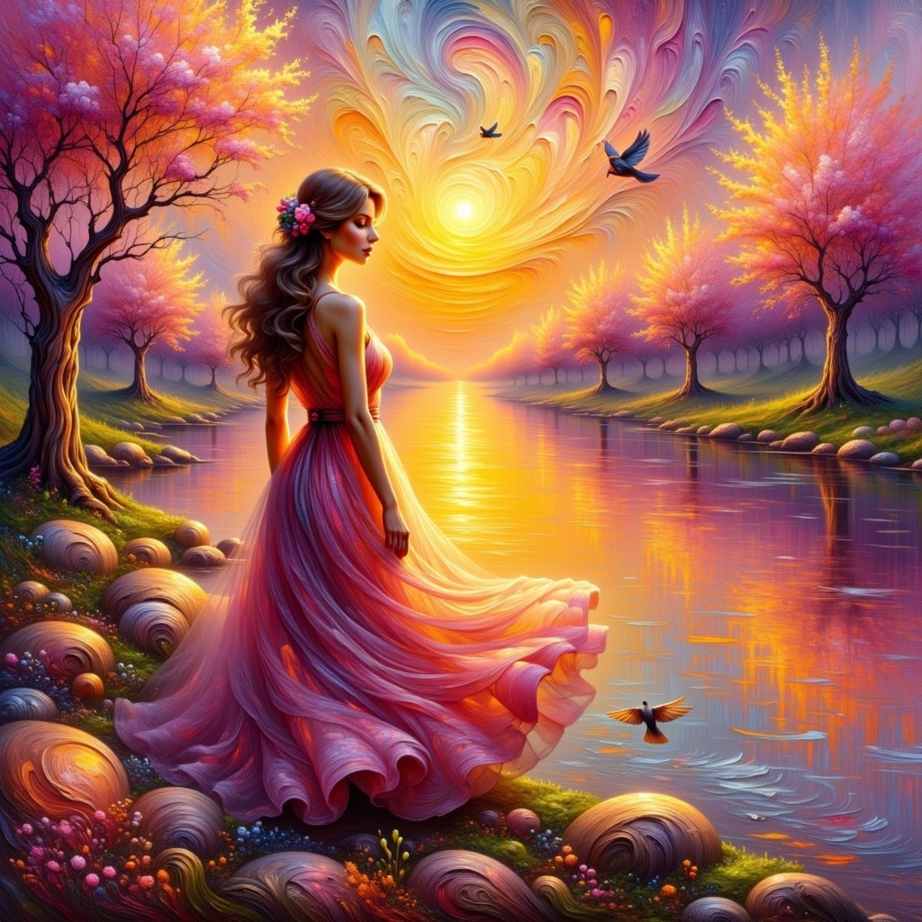 Woman in Pink Dress by Tranquil River at Sunset