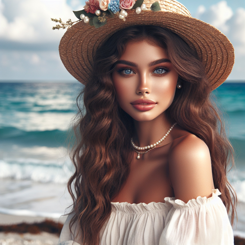 Young woman in straw hat by serene ocean shore