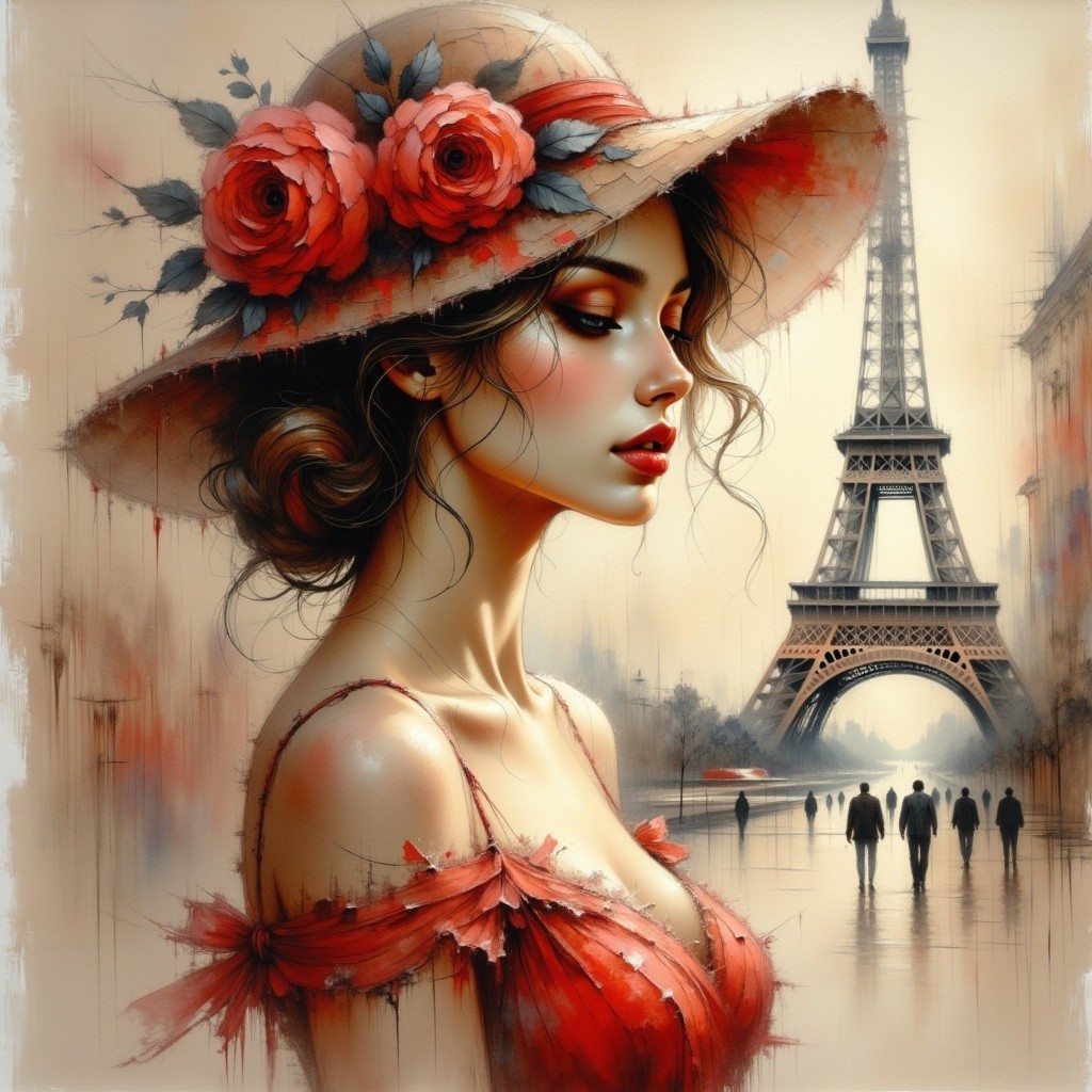 Woman in Hat with Roses at Eiffel Tower Scene