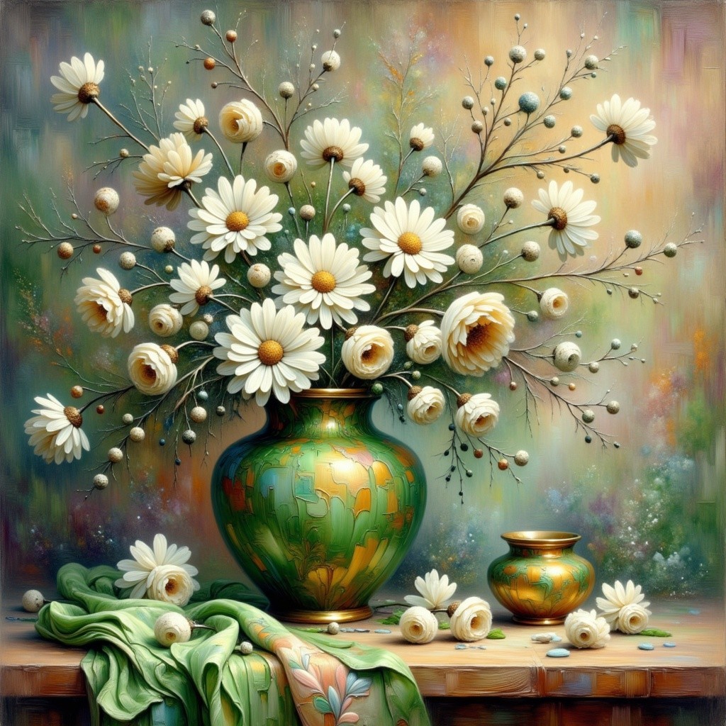 Still Life with Green Vase and White Daisies