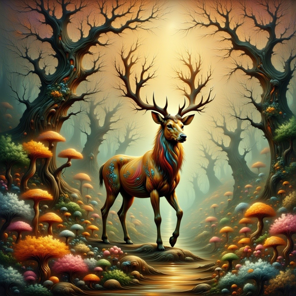 Majestic stag in a mystical forest with vibrant flora