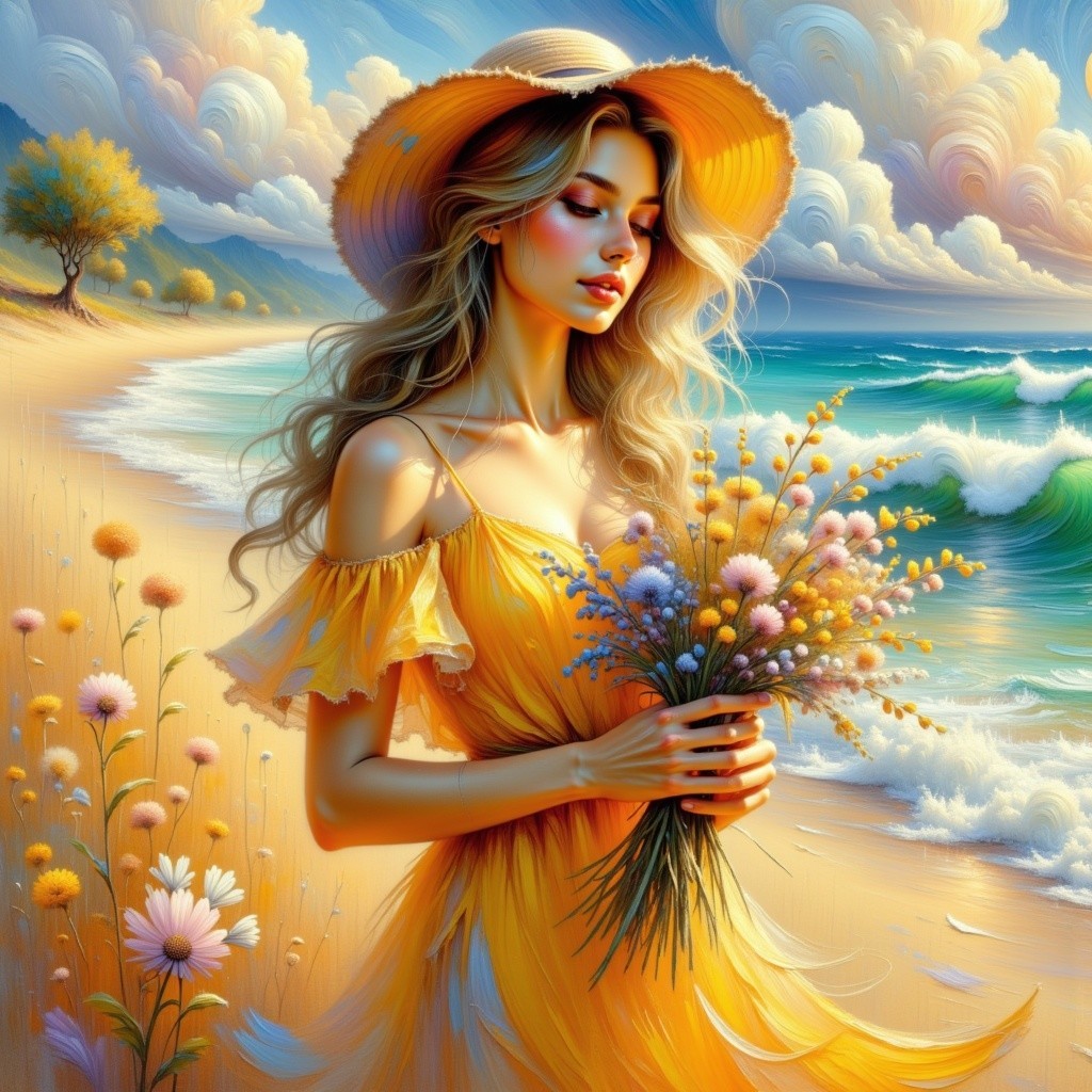 Serene beach scene with a woman in a yellow dress