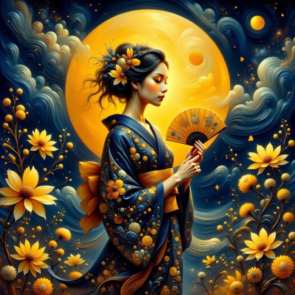 Serene Woman in Kimono with Floral Patterns and Moon