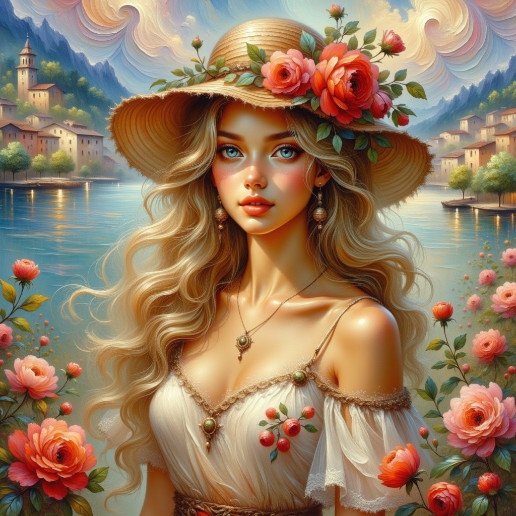 Portrait of a Young Woman in a Floral Lakeside Setting