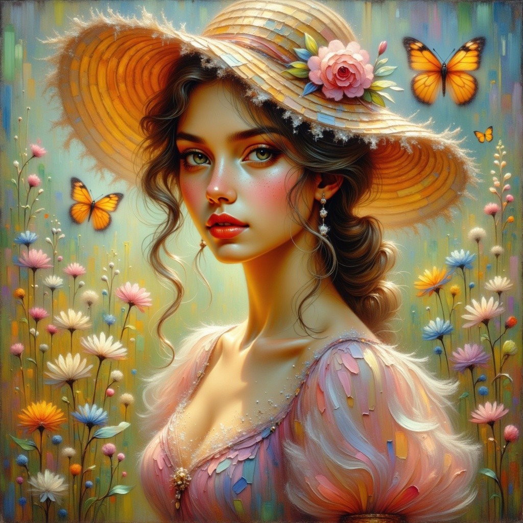 Young woman in pastel dress among wildflowers and butterflies