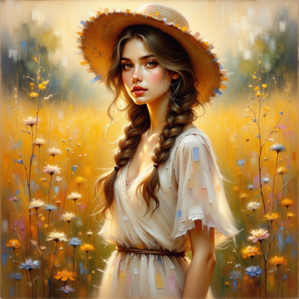 Young woman in white dress among wildflowers