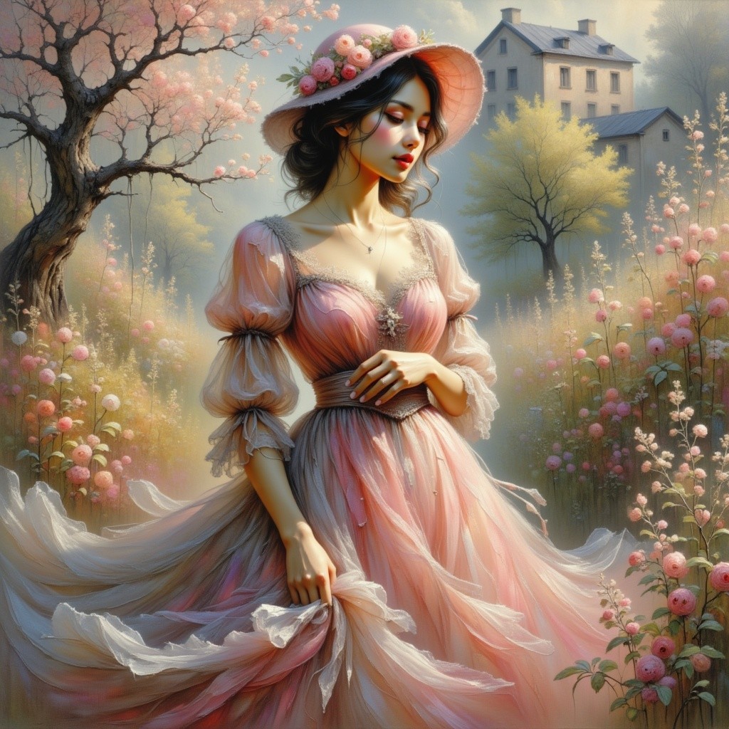 Woman in Pink Gown Surrounded by Blooming Flowers