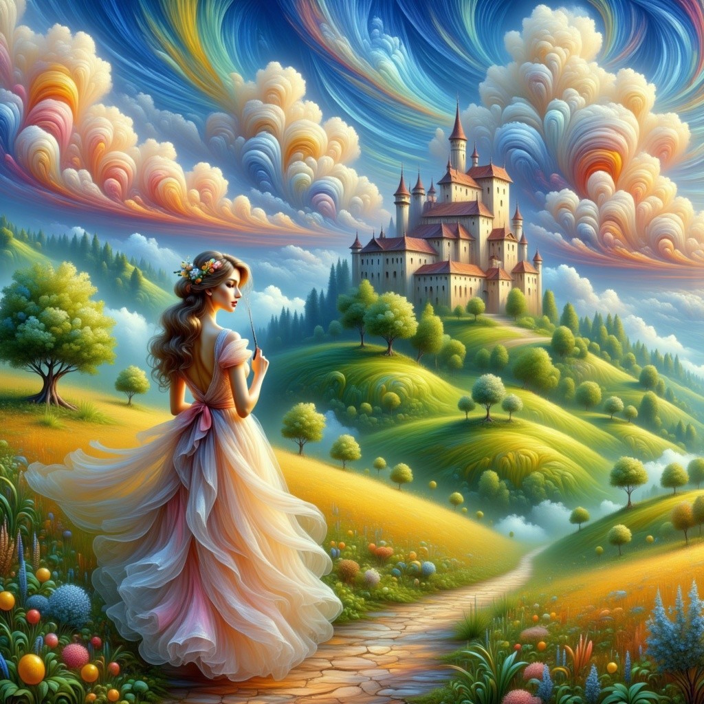Dreamy Landscape with Woman and Majestic Castle