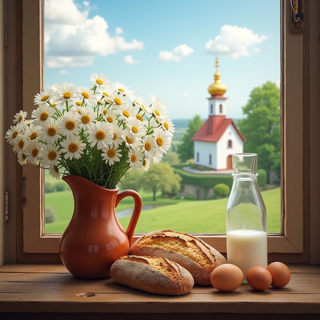 Rustic Window View with Flowers and Scenic Landscape