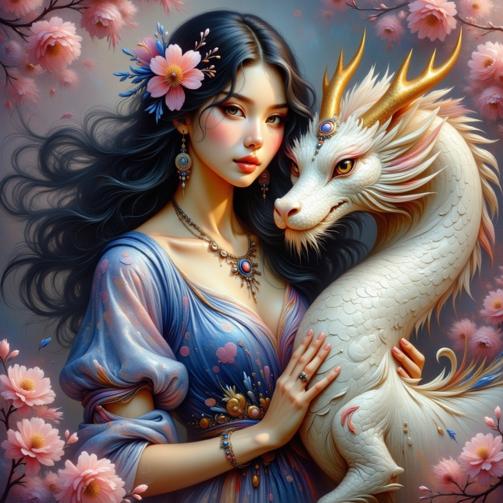 Whimsical Scene of Woman and White Dragon with Blossoms