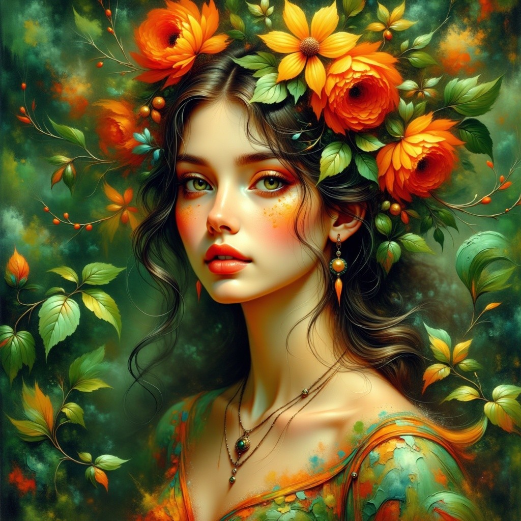 Young woman in floral crown amidst lush greenery