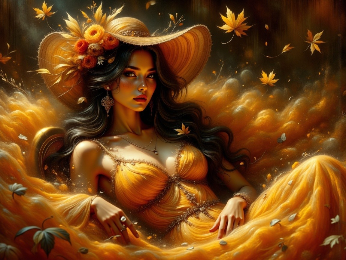 Elegant Woman in Yellow Dress Surrounded by Autumn Leaves
