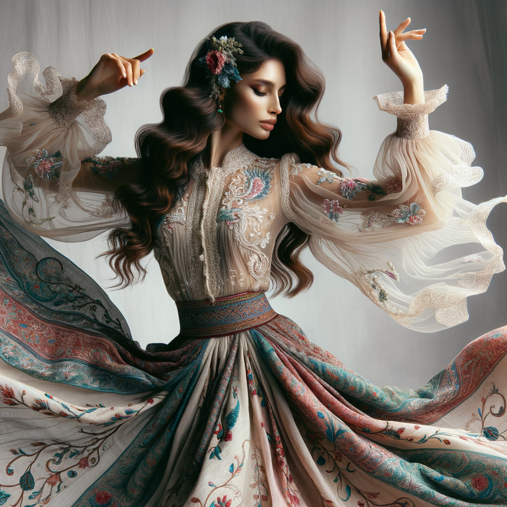 Elegant Model in Embroidered Floral Ensemble