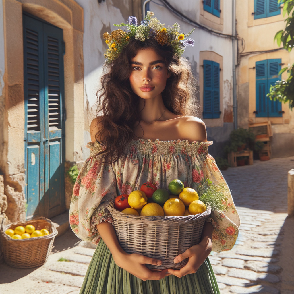 Young woman in floral blouse with basket on cobblestone street