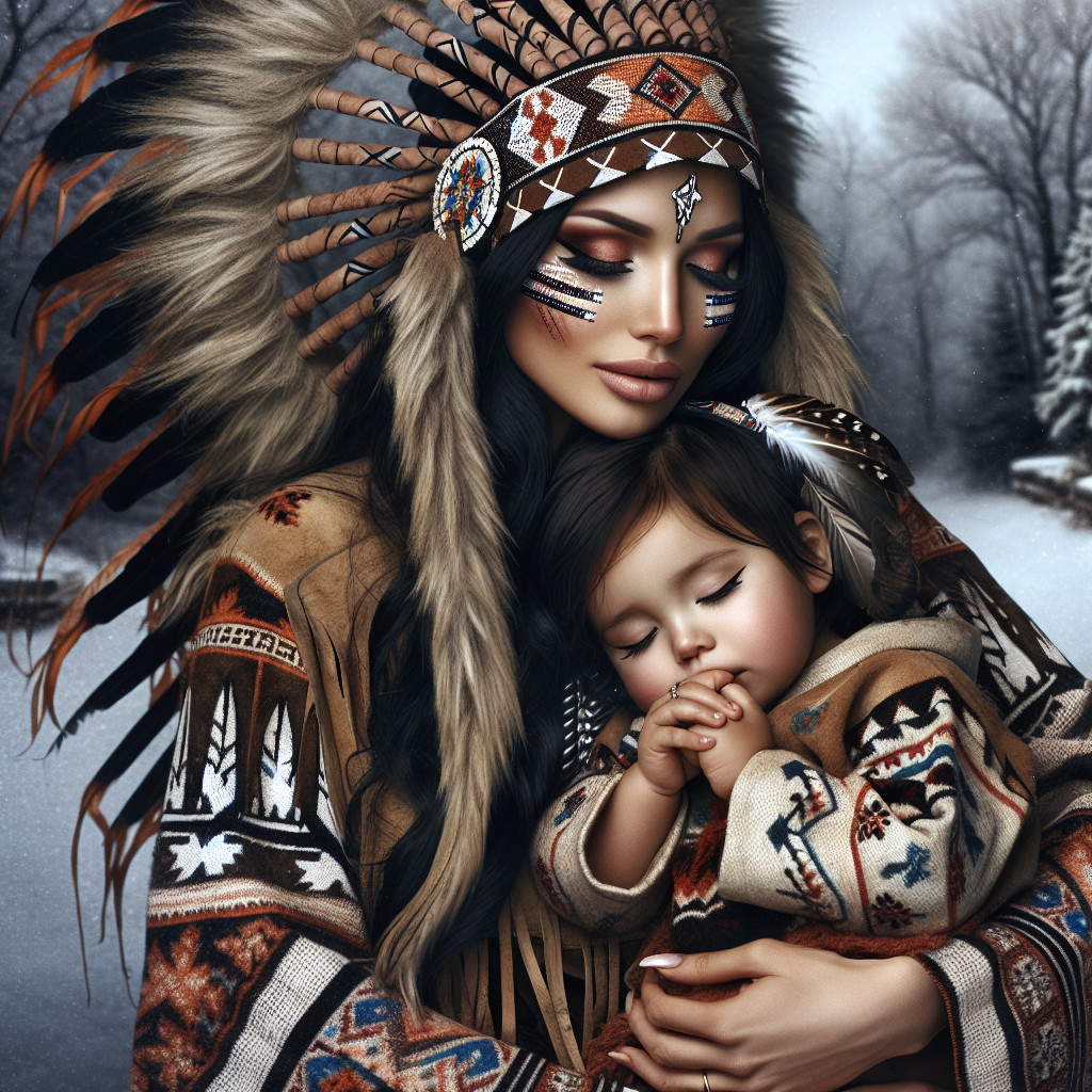 Mother and Child in Traditional Native American Attire