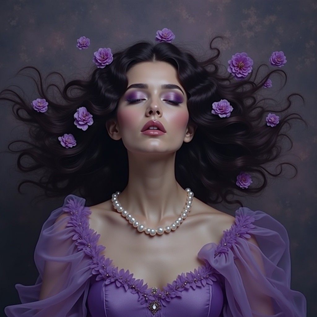 Woman in Lavender Dress with Purple Flowers