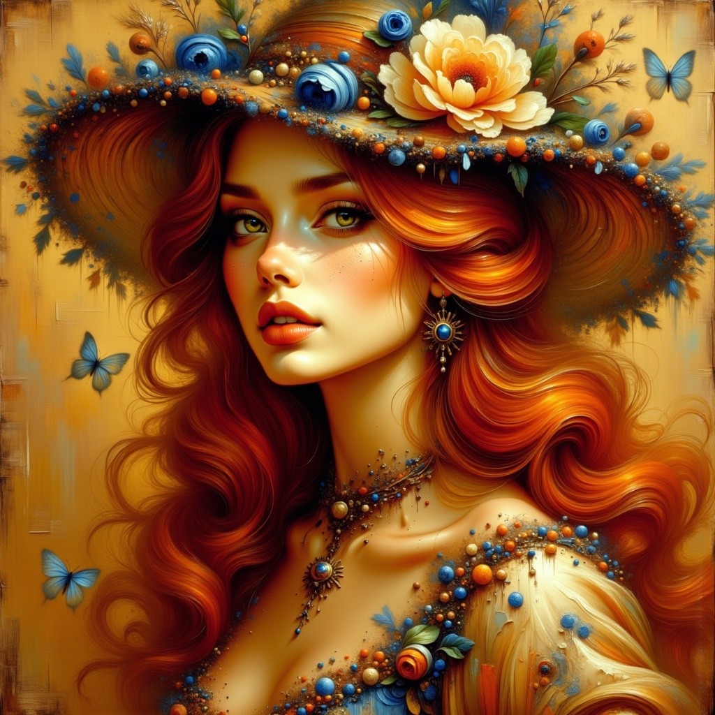 Woman with Red Hair and Floral Hat in Golden Setting