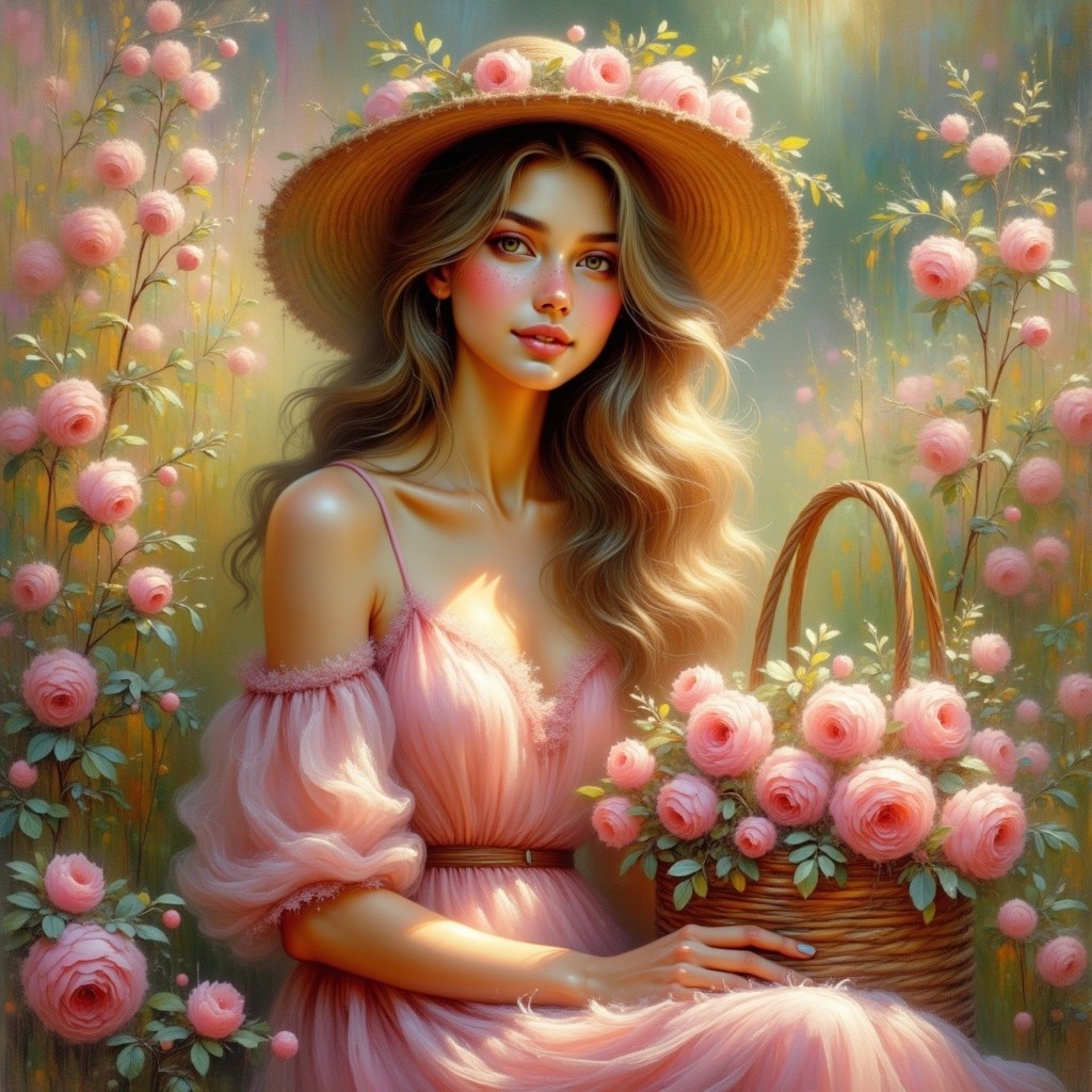 Young woman in pink dress among blooming roses