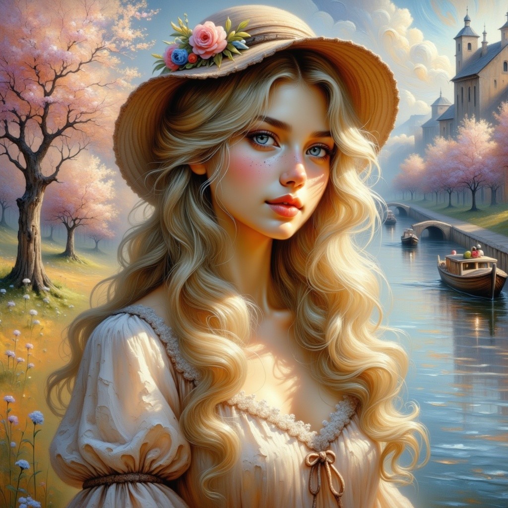 Young Woman in Straw Hat Amid Cherry Blossoms