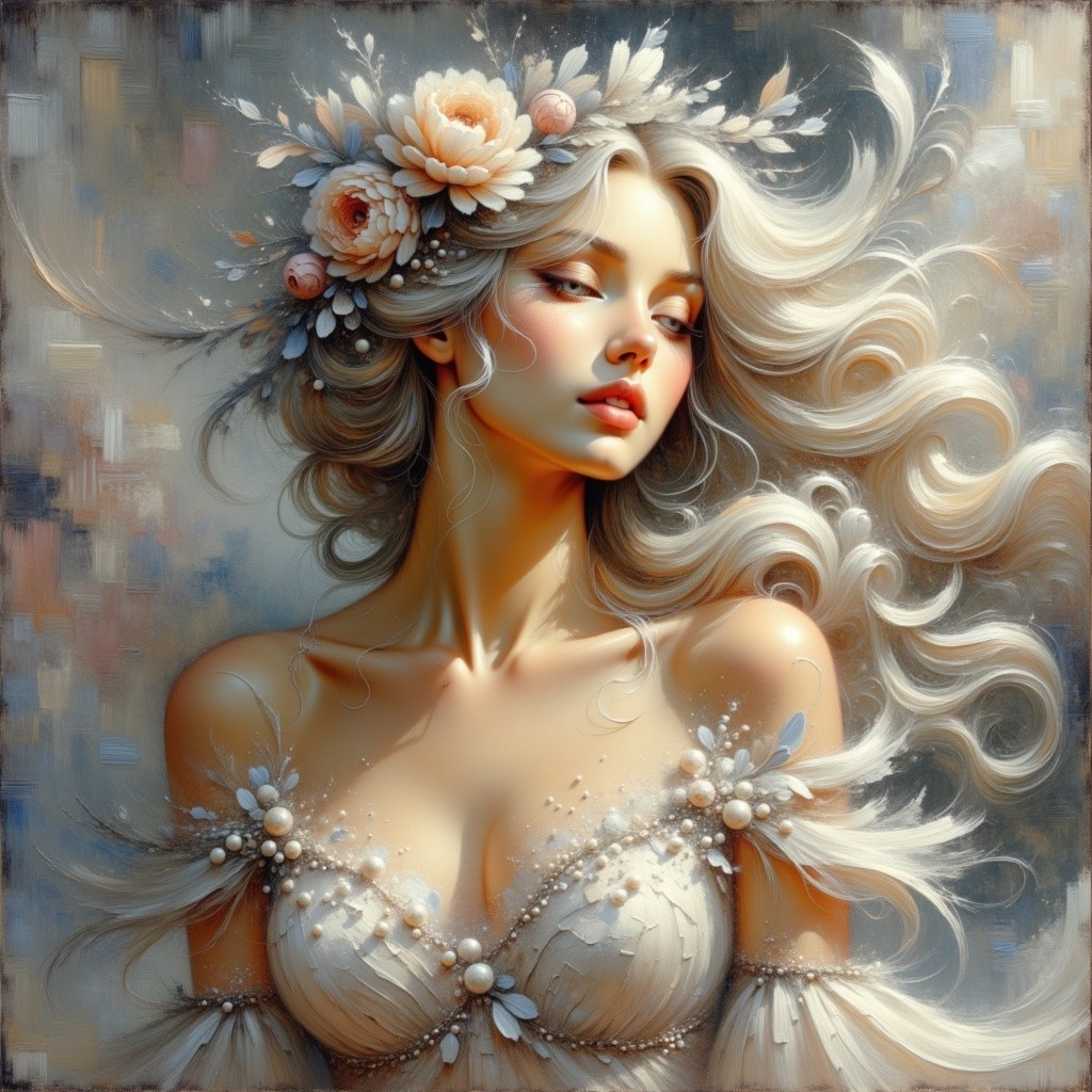 Ethereal Woman in Pearl Garment with Floral Accents